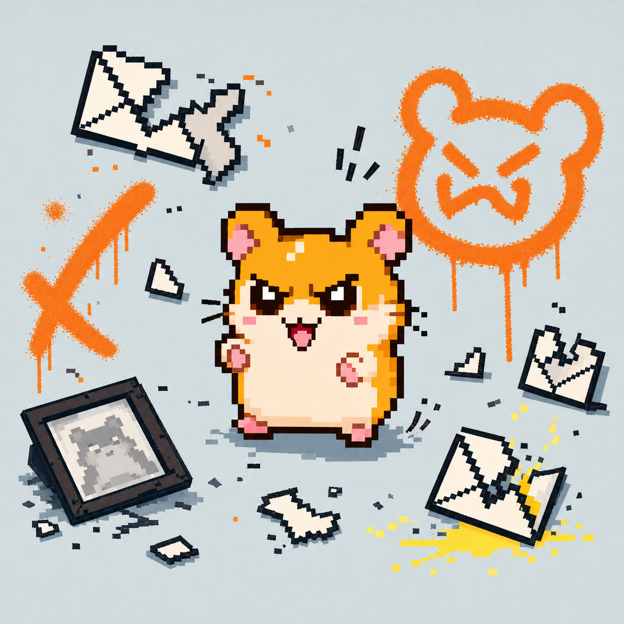A mischievous pixel hamster grins amid torn emails, a knocked-over photo, and orange graffiti.