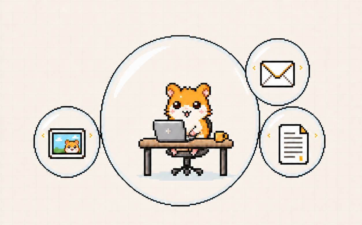 A focused pixel hamster works inside a transparent ball connected to three smaller bubbles containing an email, a photo, and a document.
