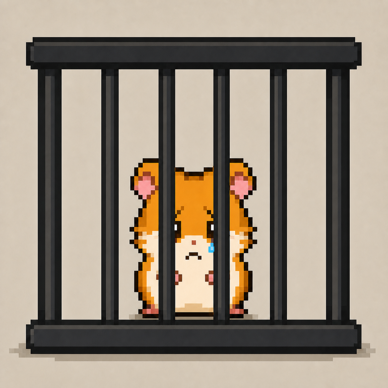 A sad pixel hamster sits behind heavy black bars with a single blue teardrop.